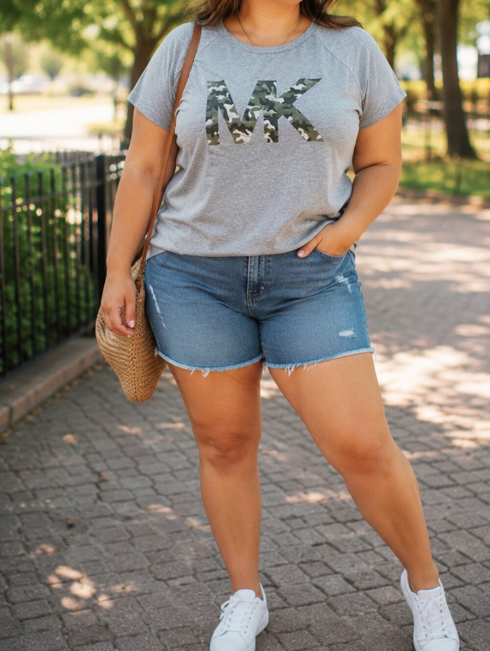 Michael Kors Gray Camo MK Logo Tee Plus Size | Short Sleeve Cotton Blend Casual